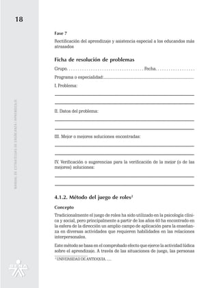 18
                                                   Fase 7
                                                   Rectificación del aprendizaje y asistencia especial a los educandos más
                                                   atrasados

                                                   Ficha de resolución de problemas
                                                   Grupo. . . . . . . . . . . . . . . . . . . . . . . . . . . . . . . . . . . Fecha. . . . . . . . . . . . . . . . . .
                                                   Programa o especialidad:................................................................................
                                                   I. Problema:
                                                   ................................................................................................................................................................................................................................................................................
MANUAL DE ESTRATEGIAS DE ENSÑEANZA / APRENDIZAJE




                                                   ................................................................................................................................................................................................................................................................................
                                                   II. Datos del problema:
                                                   .................................................................................................................................................................................................................................................................
                                                   ................................................................................................................................................................................................................................................................................
                                                   III. Mejor o mejores soluciones encontradas:
                                                   ...........................................................................................................................................................................................................................................................
                                                   ................................................................................................................................................................................................................................................................................
                                                   IV. Verificación o sugerencias para la verificación de la mejor (o de las
                                                   mejores) soluciones:
                                                   ...............................................................................................................................................................................................................................................................................
                                                   ................................................................................................................................................................................................................................................................................

                                                   4.1.2. Método del juego de roles2
                                                   Concepto
                                                   Tradicionalmente el juego de roles ha sido utilizado en la psicología clíni-
                                                   ca y social, pero principalmente a partir de los años 60 ha encontrado en
                                                   la esfera de la dirección un amplio campo de aplicación para la enseñan-
                                                   za en diversas actividades que requieren habilidades en las relaciones
                                                   interpersonales.
                                                   Este método se basa en el comprobado efecto que ejerce la actividad lúdica
                                                   sobre el aprendizaje. A través de las situaciones de juego, las personas
                                                   2
                                                       UNIVERSIDAD DE ANTIOQUIA. .....
 