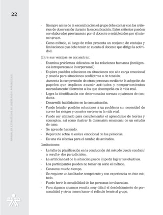 22
                                                   -   Siempre antes de la escenificación el grupo debe contar con los crite-
                                                       rios de observación durante la escenificación. Estos criterios pueden
                                                       ser elaborados previamente por el docente o establecidos por el mis-
                                                       mo grupo.
                                                   -   Como método, el juego de roles presenta un conjunto de ventajas y
                                                       limitaciones que debe tener en cuenta el docente que dirige la activi-
                                                       dad.
                                                   Entre sus ventajas se encuentran:
                                                   -   Examina problemas delicados en las relaciones humanas (inteligen-
                                                       cia intrapersonal e interpersonal)
                                                   -   Explora posibles soluciones en situaciones con alta carga emocional
                                                       y enseña para situaciones conflictivas o de tensión.
MANUAL DE ESTRATEGIAS DE ENSÑEANZA / APRENDIZAJE




                                                   -   Aumenta la comprensión de otras personas mediante la adopción de
                                                       papeles que implican asumir actitudes y comportamientos
                                                       marcadamente diferentes a los que desempeña en la vida real.
                                                   -   Logra la identificación con determinadas normas o patrones de con-
                                                       ducta.
                                                   -   Desarrollo habilidades en la comunicación.
                                                   -   Puede brindar posibles soluciones a un problema sin necesidad de
                                                       correr los riesgos y cometer errores en la vida real.
                                                   -   Puede ser utilizado para complementar el aprendizaje de teorías y
                                                       conceptos, así como ilustrar la dimensión emocional de un estudio
                                                       de caso.
                                                   -   Se aprende haciendo.
                                                   -   Repercute sobre la esfera emocional de las personas.
                                                   -   Es una vía efectiva para el cambio de actitudes.
                                                   Limitaciones:
                                                   -   La falta de planificación en la conducción del método puede conducir
                                                       a resulta- dos perjudiciales.
                                                   -   La artificialidad de la situación puede impedir lograr los objetivos.
                                                   -   Los participantes pueden no tomar en serio el método.
                                                   -   Consume mucho tiempo.
                                                   -   Se requiere un facilitador competente y con experiencia en éste mé-
                                                       todo.
                                                   -   Puede herir la sensibilidad de las personas involucradas.
                                                   -   Para algunos alumnos resulta muy difícil el desdoblamiento de per-
                                                       sonalidad y otros temen hacer el ridículo frente al grupo.
 