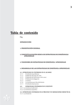 3




Tabla de contenido
      Pág.


      INTRODUCCIÓN



      1. PRESENTACIÓN GENERAL



      2. CONCEPTUALIZACIÓN BÁSICA DE ESTRATEGIAS DE ENSEÑANAZA/
            APRENDIZAJE



      3. TAXONOMÍA DE ESTRATEGIAS DE ENSEÑANZA / APRENDIZAJE



      4. DESARROLLO DE LAS ESTRATEGIAS DE ENSEÑANZA /APRENDIZAJE

      4.1. ESTRATEGIAS EN CENTRADAS EN EL ALUMNO
      4.1.1. El método de problemas
      4.1.2. El Método del juego de roles
      4.1.3. El Método de situaciones (o de casos)
      4.1.4. El Método de indagación
      4.1.5. La tutoría
      4.1.6. La enseñanza por descubrimiento
      4.1.7. El método de proyectos
      4.2.      ESTRATEGIAS CENTRADAS EN EL DOCENTE
      4.2.1. La enseñanza tradicional
      4.2.2. La enseñanza expositiva
      4.3. ESTRATEGIAS CENTRADAS EN EL PROCESO Y/O MEDIACIONES DIDÁCTICAS
      4.3.1. La simulación
 