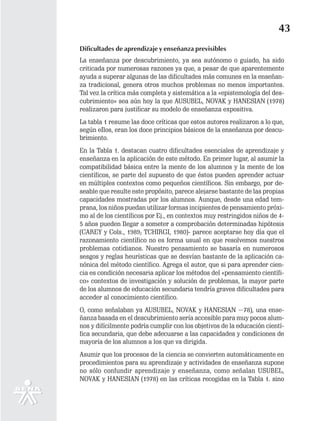 43
Dificultades de aprendizaje y enseñanza previsibles
La enseñanza por descubrimiento, ya sea autónomo o guiado, ha sido
criticada por numerosas razones ya que, a pesar de que aparentemente
ayuda a superar algunas de las dificultades más comunes en la enseñan-
za tradicional, genera otros muchos problemas no menos importantes.
Tal vez la crítica más completa y sistemática a la «epistemología del des-
cubrimiento» sea aún hoy la que AUSUBEL, NOVAK y HANESIAN (1978)
realizaron para justificar su modelo de enseñanza expositiva.
La tabla 1 resume las doce críticas que estos autores realizaron a lo que,
según eIlos, eran los doce principios básicos de la enseñanza por descu-
brimiento.
En la Tabla 1. destacan cuatro dificultades esenciales de aprendizaje y
enseñanza en la aplicación de este método. En primer lugar, al asumir la
compatibilidad básica entre la mente de los alumnos y la mente de los
científicos, se parte del supuesto de que éstos pueden aprender actuar
en múltiples contextos como pequeños científicos. Sin embargo, por de-
seable que resulte este propósito, parece alejarse bastante de las propias
capacidades mostradas por los alumnos. Aunque, desde una edad tem-
prana, los niños puedan utilizar formas incipientes de pensamiento próxi-
mo al de los científicos por Ej., en contextos muy restringidos niños de 4-
5 años pueden Ilegar a someter a comprobación determinadas hipótesis
(CAREY y Cols., 1989; TCHIRGI, 1980)- parece aceptarse hoy día que el
razonamiento científico no es forma usual en que resolvemos nuestros
problemas cotidianos. Nuestro pensamiento se basaría en numerosos
sesgos y reglas heurísticas que se desvían bastante de la aplicación ca-
nónica del método científico. Agrega el autor, que si para aprender cien-
cia es condición necesaria aplicar los métodos del «pensamiento científi-
co» contextos de investigación y solución de problemas, la mayor parte
de los alumnos de educación secundaria tendría graves dificultades para
acceder al conocimiento científico.
O, como señalaban ya AUSUBEL, NOVAK y HANESIAN ~78), una ense-
ñanza basada en el descubrimiento sería accesible para muy pocos alum-
nos y difícilmente podría cumplir con los objetivos de la educación cientí-
fica secundaria, que debe adecuarse a las capacidades y condiciones de
mayoría de los alumnos a los que va dirigida.
Asumir que los procesos de la ciencia se convierten automáticamente en
procedimientos para su aprendizaje y actividades de enseñanza supone
no sólo confundir aprendizaje y enseñanza, como señalan USUBEL,
NOVAK y HANESIAN (1978) en las críticas recogidas en la Tabla 1. sino
 