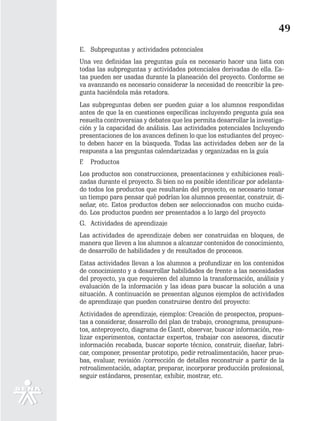 49
E. Subpreguntas y actividades potenciales
Una vez definidas las preguntas guía es necesario hacer una lista con
todas las subpreguntas y actividades potenciales derivadas de ella. Es-
tas pueden ser usadas durante la planeación del proyecto. Conforme se
va avanzando es necesario considerar la necesidad de reescribir la pre-
gunta haciéndola más retadora.
Las subpreguntas deben ser pueden guiar a los alumnos respondidas
antes de que la en cuestiones específicas incluyendo pregunta guía sea
resuelta controversias y debates que les permita desarrollar la investiga-
ción y la capacidad de análisis. Las actividades potenciales Incluyendo
presentaciones de los avances definen lo que los estudiantes del proyec-
to deben hacer en la búsqueda. Todas las actividades deben ser de la
respuesta a las preguntas calendarizadas y organizadas en la guía
F.   Productos
Los productos son construcciones, presentaciones y exhibiciones reali-
zadas durante el proyecto. Si bien no es posible identificar por adelanta-
do todos los productos que resultarán del proyecto, es necesario tomar
un tiempo para pensar qué podrían los alumnos presentar, construir, di-
señar, etc. Estos productos deben ser seleccionados con mucho cuida-
do. Los productos pueden ser presentados a lo largo del proyecto
G. Actividades de aprendizaje
Las actividades de aprendizaje deben ser construidas en bloques, de
manera que lleven a los alumnos a alcanzar contenidos de conocimiento,
de desarrollo de habilidades y de resultados de procesos.
Estas actividades llevan a los alumnos a profundizar en los contenidos
de conocimiento y a desarrollar habilidades de frente a las necesidades
del proyecto, ya que requieren del alumno la transformación, análisis y
evaluación de la información y las ideas para buscar la solución a una
situación. A continuación se presentan algunos ejemplos de actividades
de aprendizaje que pueden construirse dentro del proyecto:
Actividades de aprendizaje, ejemplos: Creación de prospectos, propues-
tas a considerar, desarrollo del plan de trabajo, cronograma, presupues-
tos, anteproyecto, diagrama de Gantt, observar, buscar información, rea-
lizar experimentos, contactar expertos, trabajar con asesores, discutir
información recabada, buscar soporte técnico, construir, diseñar, fabri-
car, componer, presentar prototipo, pedir retroalimentación, hacer prue-
bas, evaluar, revisión /corrección de detalles reconstruir a partir de la
retroalimentación, adaptar, preparar, incorporar producción profesional,
seguir estándares, presentar, exhibir, mostrar, etc.
 