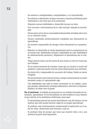 52
                                                   .   Se enfrente a ambigüedades, complejidades y a lo impredecible.
                                                   .   Se enfrente a obstáculos, busque recursos y resuelva problemas para
                                                       enfrentarse a los retos que se le presentan.
                                                   .   Adquiera nuevas habilidades y desarrolle las que ya tiene.
                                                   .   Use recursos o herramientas de la vida real (por ejemplo la tecnolo-
                                                       gía).
                                                   .   Forme parte activa de su comunidad al desarrollar el trabajo del curso
                                                       en un contexto social.
                                                   .   Genere resultados intelectualmente complejos que demuestren su
                                                       aprendizaje.
                                                   .   Se muestre responsable de escoger cómo demostrará su competen-
MANUAL DE ESTRATEGIAS DE ENSÑEANZA / APRENDIZAJE




                                                       cia.
                                                   .   Muestre un desarrollo en áreas importantes para la competencia en
                                                       el mundo real: habilidades sociales, habilidades de vida, habilidades
                                                       de administración personal y disposición al aprendizaje por sí mis-
                                                       mo.
                                                   .   Tenga clara la meta y se dé cuenta de que existe un reto en el que hay
                                                       que trabajar.
                                                   .   No se sienta temeroso de manejar cosas que no conoció a través del
                                                       profesor y sepa que puede avanzar hasta donde piense que está bien.
                                                   .   Se sienta útil y responsable de una parte del trabajo. Nadie se sienta
                                                       relegado.
                                                   .   No sea necesario usar tanto los textos, aunque continuamente se estén
                                                       haciendo cosas y/o aprendiendo algo.
                                                   .   Use habilidades que sabe le serán necesarias en su trabajo, como,
                                                       por ejemplo, administrar el tiempo sabiamente, ejercitar la responsa-
                                                       bilidad y no dejar caer al grupo.
                                                   En el profesor: el método de proyectos es un modelo innovador de en-
                                                   señanza- aprendizaje. El rol del profesor en este modelo es muy distinto
                                                   al que ejercía en la enseñanza tradicional, pues aquí:
                                                   .   El aprendizaje pasa de las manos del profesor a las del alumno, de tal
                                                       manera que éste pueda hacerse cargo de su propio aprendizaje.
                                                   .   El profesor está continuamente monitoreando la aplicación en el sa-
                                                       lón de clase, observando qué funcionó y qué no.
                                                   .   El profesor deja de pensar que tiene que hacerlo todo y da a sus
                                                       alumnos la parte más importante.
 