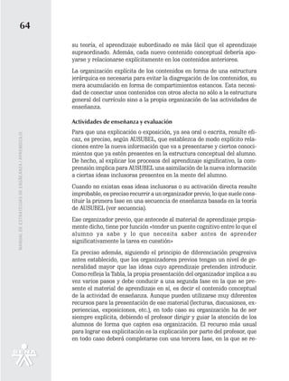 64
                                                   su teoría, el aprendizaje subordinado es más fácil que el aprendizaje
                                                   supraordinado. Además, cada nuevo contenido conceptual debería apo-
                                                   yarse y relacionarse explícitamente en los contenidos anteriores.
                                                   La organización explícita de los contenidos en forma de una estructura
                                                   jerárquica es necesaria para evitar la disgregación de los contenidos, su
                                                   mera acumulación en forma de compartimientos estancos. Esta necesi-
                                                   dad de conectar unos contenidos con otros afecta no sólo a la estructura
                                                   general del currículo sino a la propia organización de las actividades de
                                                   enseñanza.

                                                   Actividades de enseñanza y evaluación
                                                   Para que una explicación o exposición, ya sea oral o escrita, resulte efi-
MANUAL DE ESTRATEGIAS DE ENSÑEANZA / APRENDIZAJE




                                                   caz, es preciso, según AUSUBEL, que establezca de modo explícito rela-
                                                   ciones entre la nueva información que va a presentarse y ciertos conoci-
                                                   mientos que ya estén presentes en la estructura conceptual del alumno.
                                                   De hecho, al explicar los procesos del aprendizaje significativo, la com-
                                                   prensión implica para AUSUBEL una asimilación de la nueva información
                                                   a ciertas ideas inclusoras presentes en la mente del alumno.
                                                   Cuando no existan esas ideas inclusoras o su activación directa resulte
                                                   improbable, es preciso recurrir a un organizador previo, lo que suele cons-
                                                   tituir la primera fase en una secuencia de enseñanza basada en la teoría
                                                   de AUSUBEL (ver secuencia).
                                                   Ese organizador previo, que antecede al material de aprendizaje propia-
                                                   mente dicho, tiene por función «tender un puente cognitivo entre lo que el
                                                   alumno ya sabe y lo que necesita saber antes de aprender
                                                   significativamente la tarea en cuestión»
                                                   Es preciso además, siguiendo el principio de diferenciación progresiva
                                                   antes establecido, que los organizadores previos tengan un nivel de ge-
                                                   neralidad mayor que las ideas cuyo aprendizaje pretenden introducir.
                                                   Como refleja la Tabla, la propia presentación del organizador implica a su
                                                   vez varios pasos y debe conducir a una segunda fase en la que se pre-
                                                   sente el material de aprendizaje en sí, es decir el contenido conceptual
                                                   de la actividad de enseñanza. Aunque pueden utilizarse muy diferentes
                                                   recursos para la presentación de ese material (lecturas, discusiones, ex-
                                                   periencias, exposiciones, etc.), en todo caso su organización ha de ser
                                                   siempre explícita, debiendo el profesor dirigir y guiar la atención de los
                                                   alumnos de forma que capten esa organización. El recurso más usual
                                                   para lograr esa explicitación es la explicación por parte del profesor, que
                                                   en todo caso deberá completarse con una tercera fase, en la que se re-
 