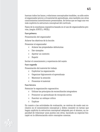65
fuerzan todos los lazos y relaciones conceptuales tendidos, no sólo entre
el organizador previo y el material de aprendizaje, sino también con otros
conocimientos anteriormente presentados. de forma que se haga una vez
más explícita la estructura conceptual del currículo.
Fases de la enseñanza expositiva basada en el uso de organizadores pre-
vios, (según JOYCE y WEIL)
Fase primera
Presentación del organizador
Aclarar los objetivos de la lección
Presentar el organizador
   v Aclarar las propiedades definitorias
    v   Dar ejemplos
    v   Aportar un contexto
    v   Repetir
Incitar el conocimiento y experiencia del sujeto
Fase segunda
Presentación del material de trabajo
   v Explicitar La organización
    v   Organizar lógicamente el aprendizaje
    v   Mantener la atención
    v   Presentar el material
Fase tercera
Potenciar la organización cognoscitiva
    v Utilizar los principios de reconciliación integradora
    v   Promover un aprendizaje de recepción activa
    v   Suscitar un enfoque crítico
    v   Explicar
En cuanto a las actividades de evaluación, se centran de modo casi ex-
clusivo en el conocimiento conceptual y deben consistir en tareas que
hagan explícita la estructura conceptual adoptada por el alumno, su ca-
pacidad de relacionar unos puntos con otros, haciendo un especial hin-
capié en la diferenciación entre conceptos conexos.
 