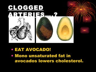 CLOGGED ARTERIES….? EAT AVOCADO!  Mono unsaturated fat in avocados lowers cholesterol.  