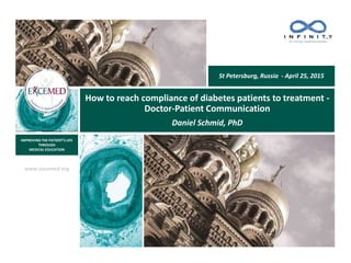 www.excemed.org
IMPROVING THE PATIENT’S LIFE
THROUGH
MEDICAL EDUCATION
How to reach compliance of diabetes patients to treatment -
Doctor-Patient Communication
.
Daniel Schmid, PhD
St Petersburg, Russia - April 25, 2015
 