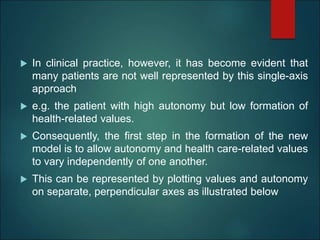  In clinical practice, however, it has become evident that
many patients are not well represented by this single-axis
approach
 e.g. the patient with high autonomy but low formation of
health-related values.
 Consequently, the first step in the formation of the new
model is to allow autonomy and health care-related values
to vary independently of one another.
 This can be represented by plotting values and autonomy
on separate, perpendicular axes as illustrated below
 