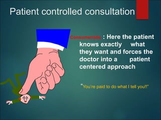 Patient controlled consultation
Consumeristic : Here the patient
knows exactly what
they want and forces the
doctor into a patient
centered approach
“You’re paid to do what I tell you!!”
 