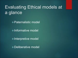 Evaluating Ethical models at
a glance
Paternalistic model
Informative model
Interpretive model
Deliberative model
 