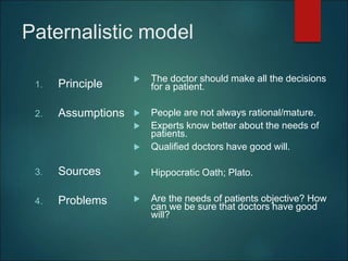Paternalistic model
1. Principle
2. Assumptions
3. Sources
4. Problems
 The doctor should make all the decisions
for a patient.
 People are not always rational/mature.
 Experts know better about the needs of
patients.
 Qualified doctors have good will.
 Hippocratic Oath; Plato.
 Are the needs of patients objective? How
can we be sure that doctors have good
will?
 