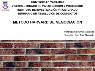 UNIVERSIDAD YACAMBÚ
VICERRECTORADO DE INVESTIGACIÓN Y POSTGRADO
INSTITUTO DE INVESTIGACIÓN Y POSTGRADO
SEMINARIO DE RESOLUCIÓN DE CONFLICTOS
METODO HARVARD DE NEGOCIACIÓN
Participante: Omar Vásquez
Docente: Dra. Ana Alvarado
 