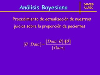 DMCEG
   Análisis Bayesiano                  ULPGC



Procedimiento de actualización de nuestros
juicios sobre la proporción de pacientes


                   [ Data | θ ] ×θ ]
                                 [
     [θ | Data ] =
                       [ Data]
 
