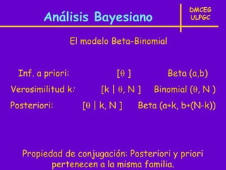 DMCEG
        Análisis Bayesiano                        ULPGC


                   El modelo Beta-Binomial


  Inf. a priori:               [θ ]          Beta (a,b)
Verosimilitud k:           [k | θ, N ]   Binomial (θ, N )
Posteriori:           [θ | k, N ]     Beta (a+k, b+(N-k))




   Propiedad de conjugación: Posteriori y priori
          pertenecen a la misma familia.
 