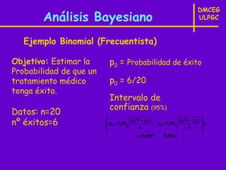 DMCEG
        Análisis Bayesiano                                               ULPGC


   Ejemplo Binomial (Frecuentista)

Objetivo: Estimar la      p0 = Probabilidad de éxito
Probabilidad de que un
tratamiento médico        p0 = 6/20
tenga éxito.
                          Intervalo de
                          confianza (95%)
Datos: n=20
nº éxitos=6              
                                         n                        n
                                                                           
                          p0 − 1.96 p0( 1 − p0 ) , p0 + 1.96 p0( 1 − p0 )  =
                                                                           
                                                                          
                                        = (0.099 , 0.501)
 