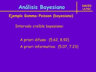 Análisis Bayesiano                    DMCEG
                                          ULPGC

Ejemplo Gamma-Poisson (bayesiano)

   Intervalo creíble bayesiano:


     A priori difusa: (5.62, 8.92)
     A priori informativa: (5.07, 7.23)
 