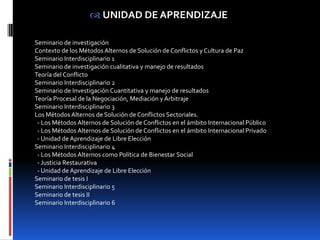  UNIDAD DE APRENDIZAJE

Seminario de investigación
Contexto de los Métodos Alternos de Solución de Conflictos y Cultura de Paz
Seminario Interdisciplinario 1
Seminario de investigación cualitativa y manejo de resultados
Teoría del Conflicto
Seminario Interdisciplinario 2
Seminario de Investigación Cuantitativa y manejo de resultados
Teoría Procesal de la Negociación, Mediación y Arbitraje
Seminario Interdisciplinario 3
Los Métodos Alternos de Solución de Conflictos Sectoriales.
 - Los Métodos Alternos de Solución de Conflictos en el ámbito Internacional Público
 - Los Métodos Alternos de Solución de Conflictos en el ámbito Internacional Privado
 - Unidad de Aprendizaje de Libre Elección
Seminario Interdisciplinario 4
 - Los Métodos Alternos como Política de Bienestar Social
 - Justicia Restaurativa
 - Unidad de Aprendizaje de Libre Elección
Seminario de tesis I
Seminario Interdisciplinario 5
Seminario de tesis II
Seminario Interdisciplinario 6
 