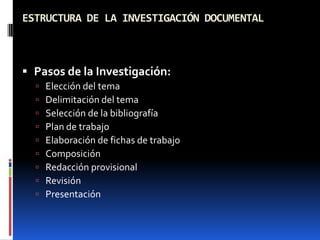 ESTRUCTURA DE LA INVESTIGACIÓN DOCUMENTAL



 Pasos de la Investigación:
     Elección del tema
     Delimitación del tema
     Selección de la bibliografía
     Plan de trabajo
     Elaboración de fichas de trabajo
     Composición
     Redacción provisional
     Revisión
     Presentación
 