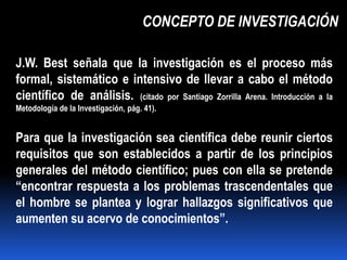 CONCEPTO DE INVESTIGACIÓN

J.W. Best señala que la investigación es el proceso más
formal, sistemático e intensivo de llevar a cabo el método
científico de análisis. (citado por Santiago Zorrilla Arena. Introducción a la
Metodología de la Investigación, pág. 41).


Para que la investigación sea científica debe reunir ciertos
requisitos que son establecidos a partir de los principios
generales del método científico; pues con ella se pretende
“encontrar respuesta a los problemas trascendentales que
el hombre se plantea y lograr hallazgos significativos que
aumenten su acervo de conocimientos”.
 