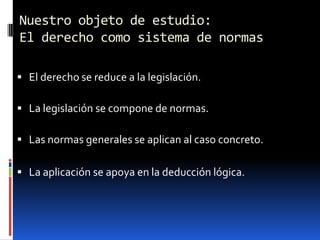 Nuestro objeto de estudio:
El derecho como sistema de normas

 El derecho se reduce a la legislación.

 La legislación se compone de normas.

 Las normas generales se aplican al caso concreto.

 La aplicación se apoya en la deducción lógica.
 