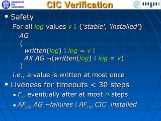 CIC Verification
   Safety
    For all log values v  {'stable', 'installed'}
       AG
       (
         written(log)  log = v 
         AX AG ¬(written(log)  log = v)
       )
    i.e., a value is written at most once
   Liveness for timeouts < 30 steps
    • F< n eventually after at most n steps
    • AF<500 AG ¬failures  AF<700 CIC installed
 
