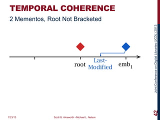 JointConferenceonDigitalLibraries(JCDL)2013
TEMPORAL COHERENCE
7/23/13 Scott G. Ainsworth • Michael L. Nelson
42
2 Mementos, Root Not Bracketed
Last-
Modifiedroot emb1
 