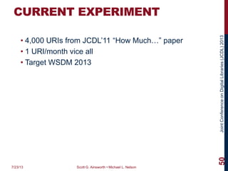 JointConferenceonDigitalLibraries(JCDL)2013
CURRENT EXPERIMENT
• 4,000 URIs from JCDL’11 “How Much…” paper
• 1 URI/month vice all
• Target WSDM 2013
7/23/13 Scott G. Ainsworth • Michael L. Nelson
50
 