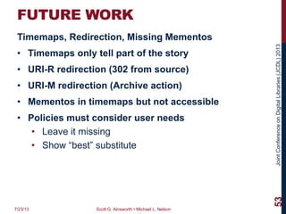JointConferenceonDigitalLibraries(JCDL)2013
FUTURE WORK
Timemaps, Redirection, Missing Mementos
• Timemaps only tell part of the story
• URI-R redirection (302 from source)
• URI-M redirection (Archive action)
• Mementos in timemaps but not accessible
• Policies must consider user needs
• Leave it missing
• Show “best” substitute
7/23/13 Scott G. Ainsworth • Michael L. Nelson
53
 