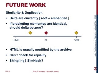 JointConferenceonDigitalLibraries(JCDL)2013
FUTURE WORK
Similarity & Duplication
• Delta are currently | root – embedded |
• If bracketing mementos are identical,
should delta be zero?
• HTML is usually modified by the archive
• Can’t check for equality
• Shingling? SimHash?
7/23/13 Scott G. Ainsworth • Michael L. Nelson
54
0 +30d–30d
 