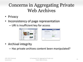 Concerns in Aggregating Private
Web Archives
• Privacy
• Inconsistency of page representation
– URI is insufficient key for access
A Framework for Aggregating Private and
Public Web Archives
21
JCDL 2015 Doctoral
Consortium
• Archival integrity
– Has private archives content been manipulated?
 