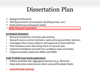  Background Research
 PhD Requirements (Coursework, Qualifying Exam, etc.)
 Build preliminary framework model
 JCDL Doctoral Consortium
EXTENDED RESEARCH
• Research prevalence of private web archives
• Research access control methods in web archiving and other domains
• Investigate other access patterns and expound on those defined
• PhD Candidacy Exam describing merit of research plan
• Implement feedback received from candidacy exam committee
• Programmatically implement MMA and PWAA
CASE STUDIES (real-world application)
• Publicly Available Non-Aggregated Archives (e.g., Rhizome)
• Deep web preservation/access (bank account/Facebook feeds)
• DISSERTATION DEFENSE
Dissertation Plan
 