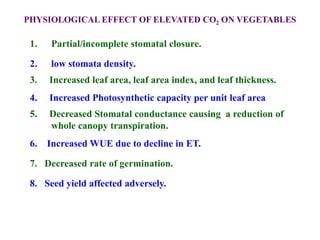 1. Partial/incomplete stomatal closure.
2. low stomata density.
3. Increased leaf area, leaf area index, and leaf thickness.
4. Increased Photosynthetic capacity per unit leaf area
5. Decreased Stomatal conductance causing a reduction of
whole canopy transpiration.
6. Increased WUE due to decline in ET.
7. Decreased rate of germination.
8. Seed yield affected adversely.
PHYSIOLOGICAL EFFECT OF ELEVATED CO2 ON VEGETABLES
 