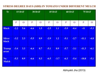 Tr 15 DAT 30 DAT 45 DAT 60 DAT 75 DAT
P O P O P O P O P O
Black -2.2 5.6 -6.6 1.5 -2.5 1.1 -5.9 -0.4 -11 -5.3
Silver
black
-3.2 2.3 -5.5 0.9 -2.9 1.2 -5.1 -2.7 -11.1 -4.8
Transp
arent
-3.4 3.3 -6.4 0.7 -5.1 0.9 -5.7 -3.1 -11.3 -6.1
No
Mulch
-5.3 0.9 -6.6 0.3 -6.5 -3.7 -6.3 -5.4 -10.8 -5.1
STRESS DEGREE DAYS (SDD) IN TOMATO UNDER DIFFERENT MULCH
Abhiyakti Jha (2013)
 