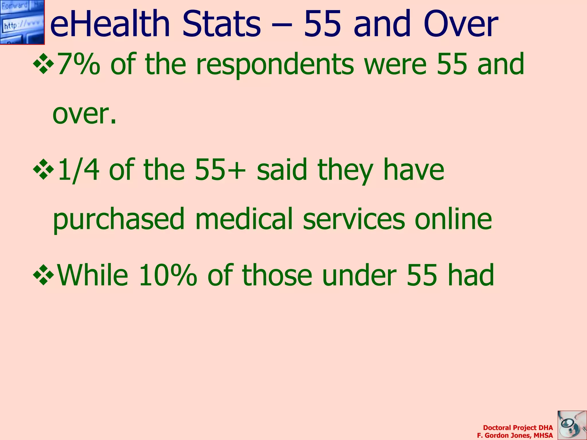 eHealth Stats – 55 and Over
7% of the respondents were 55 and
 over.
1/4 of the 55+ said they have
 purchased medical services online
While 10% of those under 55 had



                                   Doctoral Project DHA
                                 F. Gordon Jones, MHSA
 