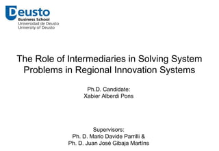 The Role of Intermediaries in Solving System 
Problems in Regional Innovation Systems 
Ph.D. Candidate: 
Xabier Alberdi Pons 
Supervisors: 
Ph. D. Mario Davide Parrilli & 
Ph. D. Juan José Gibaja Martíns 
 