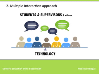 2.	
  MulAple	
  InteracAon	
  approach	
  

STUDENTS & SUPERVISORS & others

TECHNOLOGY

Doctoral	
  educa,on	
  and	
  e-­‐Supervision 	
  

	
  

	
  

	
  

	
  

	
  

	
  

	
  	
  	
  Francesc	
  Balagué	
  

 