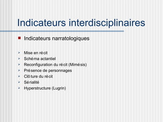 Indicateurs interdisciplinaires Indicateurs narratologiques Mise en récit Schéma actantiel Reconfiguration du récit (Mimésis) Présence de personnages Cl ôture du récit Sérialité Hyperstructure (Lugrin) 