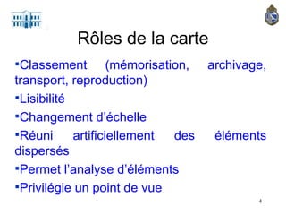 Rôles de la carte Classement (mémorisation, archivage, transport, reproduction) Lisibilité Changement d’échelle Réuni artificiellement des éléments dispersés Permet l’analyse d’éléments Privilégie un point de vue 
