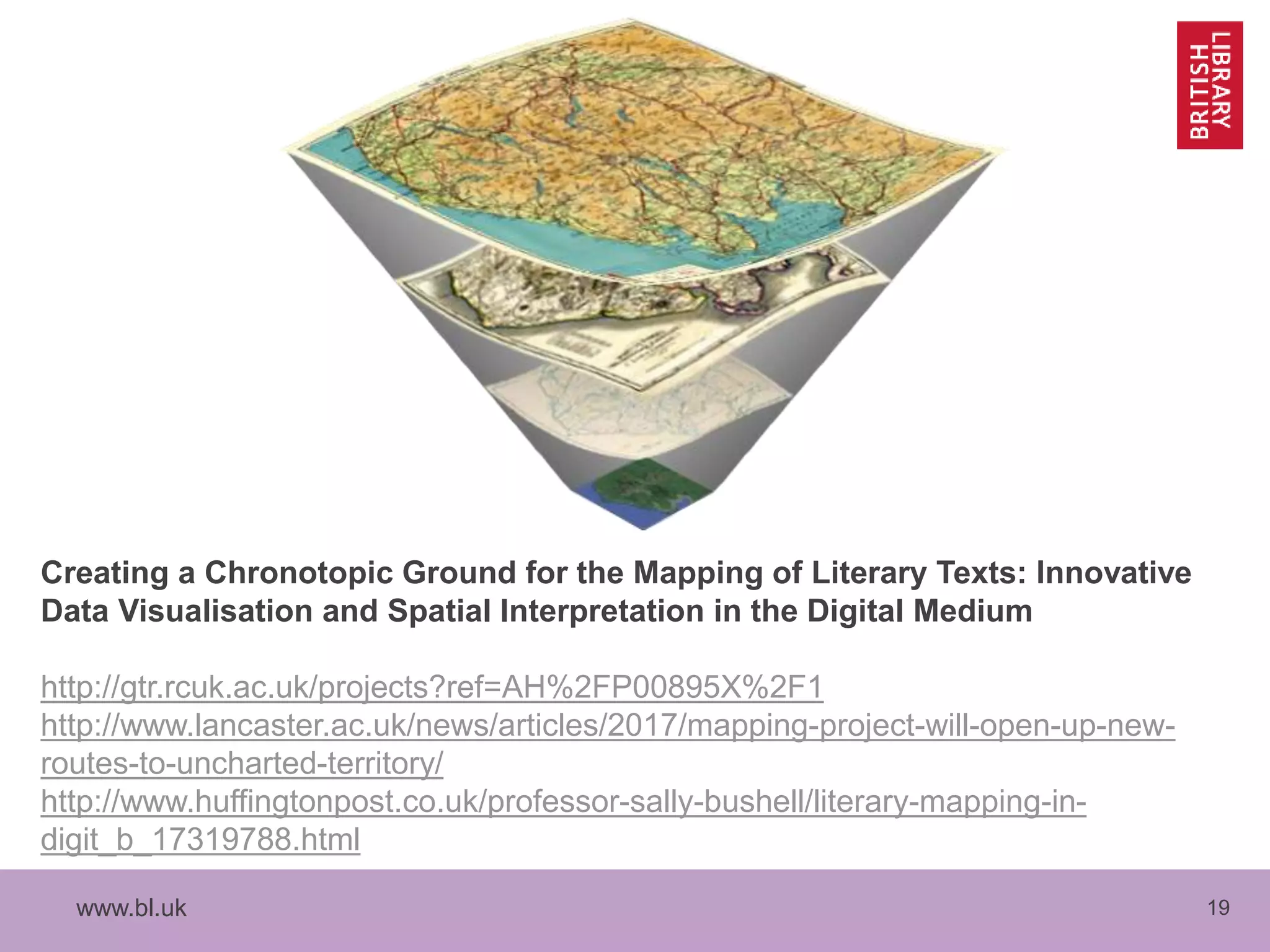 www.bl.uk 19
Creating a Chronotopic Ground for the Mapping of Literary Texts: Innovative
Data Visualisation and Spatial Interpretation in the Digital Medium
http://gtr.rcuk.ac.uk/projects?ref=AH%2FP00895X%2F1
http://www.lancaster.ac.uk/news/articles/2017/mapping-project-will-open-up-new-
routes-to-uncharted-territory/
http://www.huffingtonpost.co.uk/professor-sally-bushell/literary-mapping-in-
digit_b_17319788.html
 