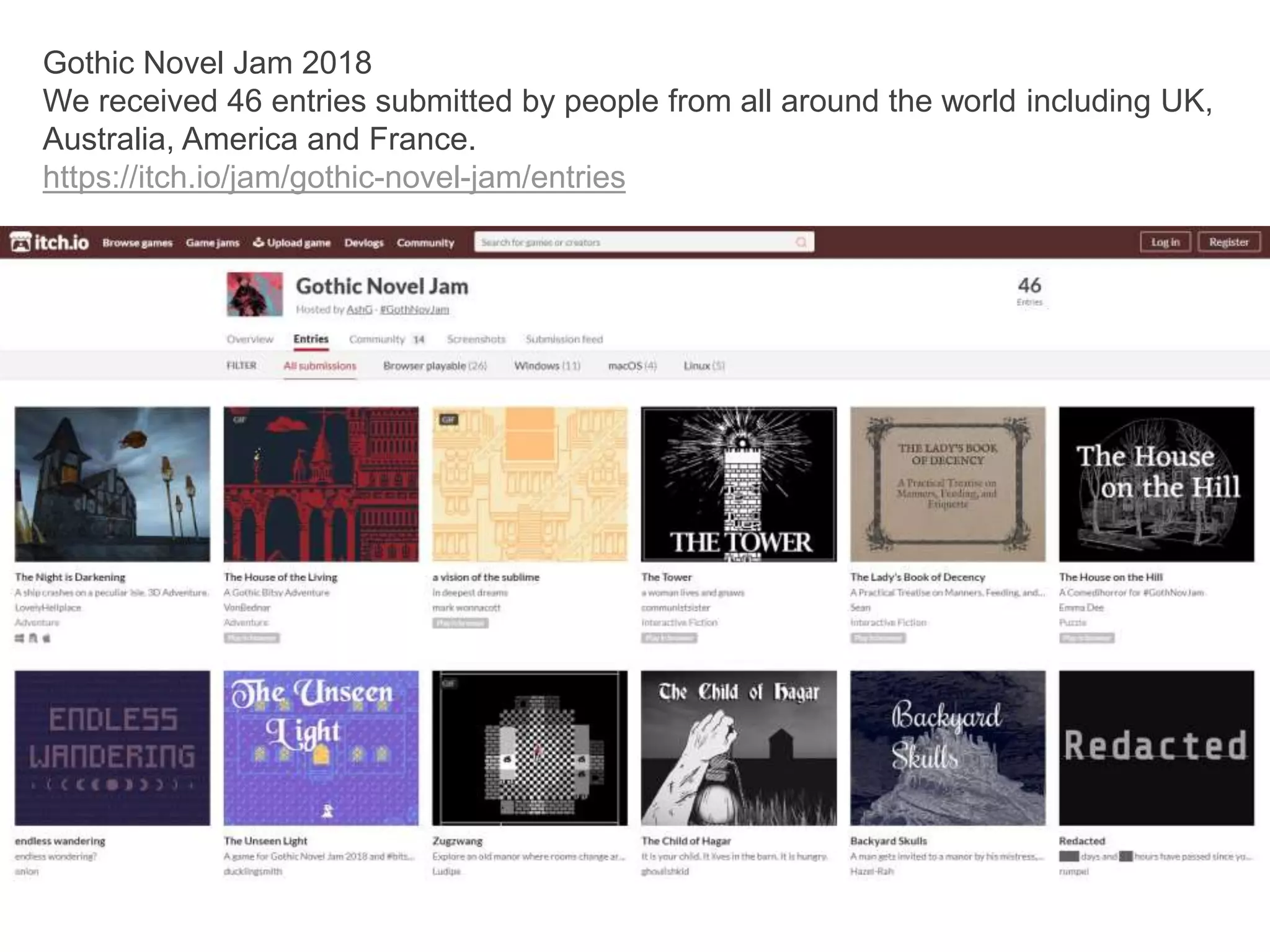 Gothic Novel Jam 2018
We received 46 entries submitted by people from all around the world including UK,
Australia, America and France.
https://itch.io/jam/gothic-novel-jam/entries
 