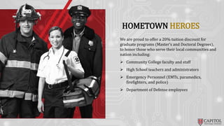 HOMETOWN HEROES
We are proud to offer a 20% tuition discount for
graduate programs (Master’s and Doctoral Degrees),
to honor those who serve their local communities and
nation including:
 Community College faculty and staff
 High School teachers and administrators
 Emergency Personnel (EMTs, paramedics,
firefighters, and police)
 Department of Defense employees
 
