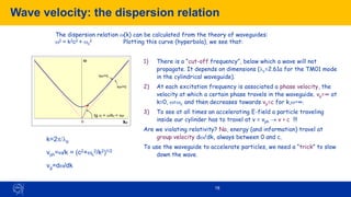 18
Wave velocity: the dispersion relation
1) There is a “cut-off frequency”, below which a wave will not
propagate. It depends on dimensions (c=2.61a for the TM01 mode
in the cylindrical waveguide).
2) At each excitation frequency is associated a phase velocity, the
velocity at which a certain phase travels in the waveguide. vp=∞ at
k=0, w=wc and then decreases towards vp=c for k,w￫∞.
3) To see at all times an accelerating E-field a particle traveling
inside our cylinder has to travel at v = vph → v > c !!!
Are we violating relativity? No, energy (and information) travel at
group velocity dw/dk, always between 0 and c.
To use the waveguide to accelerate particles, we need a “trick” to slow
down the wave.
The dispersion relation w(k) can be calculated from the theory of waveguides:
w2 = k2c2 + wc
2 Plotting this curve (hyperbola), we see that:
vph=w/k = (c2+wc
2/k2)1/2
vg=dw/dk
k=2/p
kz
w
0
tg a = w/kz = vph
vph>c
vph=c
 