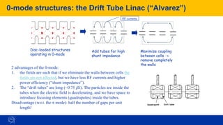 38
0-mode structures: the Drift Tube Linac (“Alvarez”)
2 advantages of the 0-mode:
1. the fields are such that if we eliminate the walls between cells the
fields are not affected, but we have less RF currents and higher
power efficiency (“shunt impedance”).
2. The “drift tubes” are long (~0.75 b). The particles are inside the
tubes when the electric field is decelerating, and we have space to
introduce focusing elements (quadrupoles) inside the tubes.
Disadvantage (w.r.t. the  mode): half the number of gaps per unit
length!
Disc-loaded structures
operating in 0-mode
Add tubes for high
shunt impedance
Maximize coupling
between cells →
remove completely
the walls
RF currents
 