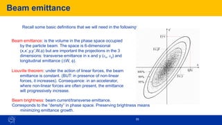 Beam emittance
55
Recall some basic definitions that we will need in the following:
Beam emittance: is the volume in the phase space occupied
by the particle beam. The space is 6-dimensional
(x,x’,y,y’,W,) but are important the projections in the 3
dimensions: transverse emittance in x and y (ex, ey) and
longitudinal emittance (DW, ).
Liouville theorem: under the action of linear forces, the beam
emittance is constant. (BUT: in presence of non-linear
forces, it increases). Consequence: in an accelerator,
where non-linear forces are often present, the emittance
will progressively increase.
Beam brightness: beam current/transverse emittance.
Corresponds to the “density” in phase space. Preserving brightness means
minimizing emittance growth.
 