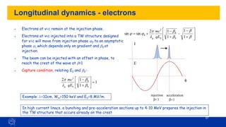 57
Longitudinal dynamics - electrons
E
I
injection
b<1
acceleration
b=1









+
−
−
+
−
+
=
b
b
b
b




1
1
1
1
2
sin
sin
0
0
0
2
0
qE
mc
g
→ Electrons at v=c remain at the injection phase.
→ Electrons at v<c injected into a TW structure designed
for v=c will move from injection phase 0 to an asymptotic
phase , which depends only on gradient and b0 at
injection.
→ The beam can be injected with an offset in phase, to
reach the crest of the wave at b=1
→ Capture condition, relating E0 and b0 :
1
1
1
2
0
0
0
2
=






+
−
b
b


qE
mc
g
Example: =10cm, Win=150 keV and E0=8 MV/m.
In high current linacs, a bunching and pre-acceleration sections up to 4-10 MeV prepares the injection in
the TW structure that occurs already on the crest
 