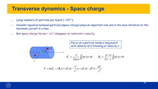 58
Transverse dynamics - Space charge

=
r
r dr
r
r
n
r
e
E
0
)
(
2e 
=
r
dr
r
r
n
r
v
e
B
0
)
(
2
m

→ Large numbers of particles per bunch ( ~1010 ).
→ Coulomb repulsion between particles (space charge) plays an important role and is the main limitation to the
maximum current in a linac.
→ But space charge forces ~ 1/2 disappear at relativistic velocity
Force on a particle inside a long bunch
with density n(r) traveling at velocity v:
2
2
2
2
)
1
(
)
1
(
)
(

b

r
r
r
r
eE
eE
c
v
eE
vB
E
e
F =
−
=
−
=
−
=
E
B
 