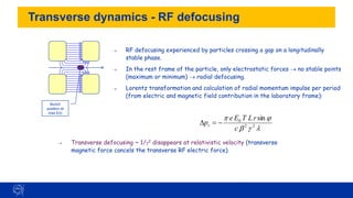 59
Transverse dynamics - RF defocusing
→ RF defocusing experienced by particles crossing a gap on a longitudinally
stable phase.
→ In the rest frame of the particle, only electrostatic forces → no stable points
(maximum or minimum) → radial defocusing.
→ Lorentz transformation and calculation of radial momentum impulse per period
(from electric and magnetic field contribution in the laboratory frame):


b


2
2
0 sin
c
r
L
T
E
e
pr −
=
D
→ Transverse defocusing ~ 1/2 disappears at relativistic velocity (transverse
magnetic force cancels the transverse RF electric force).
Bunch
position at
max E(t)
 