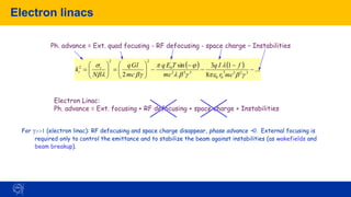 Electron linacs
( ) ( ) ...
8
1
3
sin
2 3
2
3
3
0
0
3
3
2
0
2
2
2
−
−
−
−
−








=








=

b
e


b



b
b

mc
r
f
I
q
mc
T
E
q
mc
Gl
q
N
k t
t
Ph. advance = Ext. quad focusing - RF defocusing - space charge – Instabilities
Electron Linac:
Ph. advance = Ext. focusing + RF defocusing + space charge + Instabilities
For >>1 (electron linac): RF defocusing and space charge disappear, phase advance ￫0. External focusing is
required only to control the emittance and to stabilize the beam against instabilities (as wakefields and
beam breakup).
 