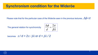 Synchronism condition for the Wideröe
8
b

 2
=
D
d
Please note that for the particular case of the Wideröe seen in the previous lectures, D=
The general relation for synchronicity
becomes  / d = 2 / b or d = b / 2
 