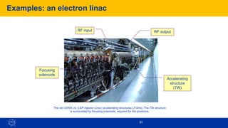 82
Examples: an electron linac
RF input RF output
Accelerating
structure
(TW)
Focusing
solenoids
The old CERN LIL (LEP Injector Linac) accelerating structures (3 GHz). The TW structure
is surrounded by focusing solenoids, required for the positrons.
 