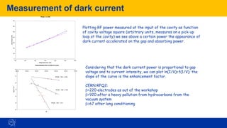 Measurement of dark current
93
RFQ2A - 5.4.1990
0
100
200
300
400
500
600
700
400 600 800 1000 1200 1400 1600
Voltage square (arb. units)
Input
Power
(kW)
Plotting RF power measured at the input of the cavity as function
of cavity voltage square (arbitrary units, measures on a pick-up
loop at the cavity) we see above a certain power the appearance of
dark current accelerated on the gap and absorbing power.
Fowler-Nordheim Plot for RFQ2 FE Current
RFQ2A - 1990 - b =220
RFQ2B - 1993 - b =920
RFQ2B - 1997 - b =67
-36
-35
-34
-33
-32
-31
-30
4.5E-06 5.0E-06 5.5E-06 6.0E-06 6.5E-06 7.0E-06 7.5E-06
1/V
LN(I/V**2.5)
Considering that the dark current power is proportional to gap
voltage and to current intensity, we can plot ln(I/V)=f(1/V); the
slope of the curve is the enhancement factor.
CERN RFQ2:
b=220 electrodes as out of the workshop
b=920 after a heavy pollution from hydrocarbons from the
vacuum system
b=67 after long conditioning
 